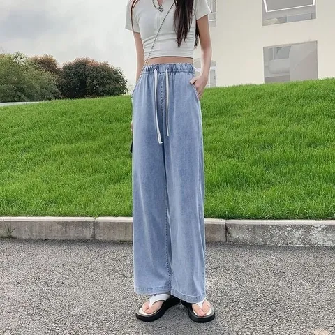 여성용 스트랩 릴랙스핏 여름용 진베이직 보텀 (WFJU3VM)