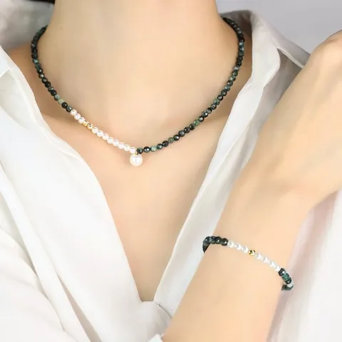 14k 금볼 천연 에메랄드 원석 보테 진주 목걸이 +에메랄드팔찌