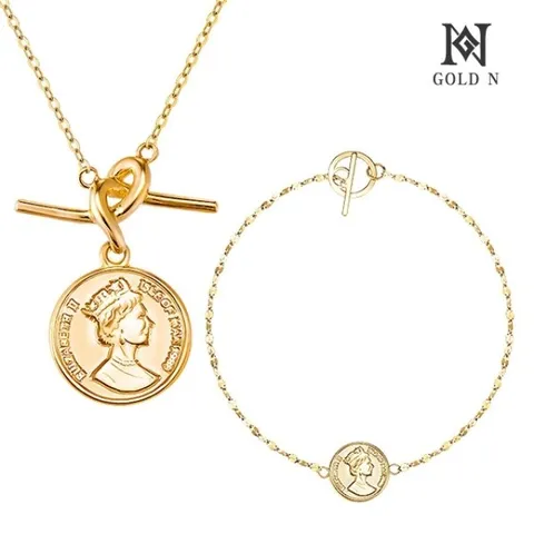 [골드앤] 14K 러빗 엘리자베스 코인 목걸이+엘리자베스 코인 시크릿 팔찌 세트