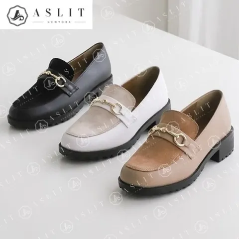 [애슬릿] 여성 둥근코 금장 통굽 단화 페니 로퍼 4cm