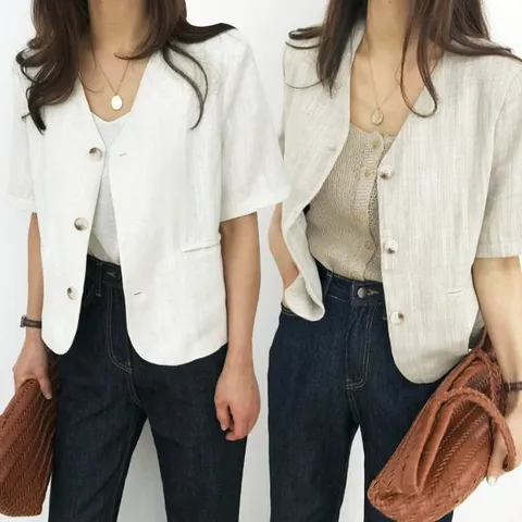 반팔린넨 자켓 재킷 크롭 노카라 브이넥 리넨