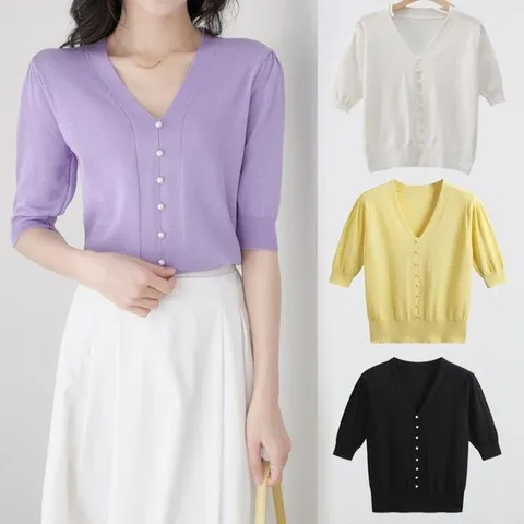 [오노마] ONM 여성 여름 썸머 브이넥 반팔 니트 티