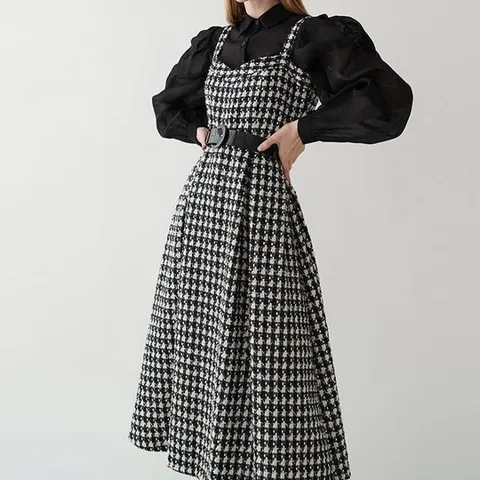 민소매 벨티드 드레스 트위드 A라인 플레어 롱 원피스