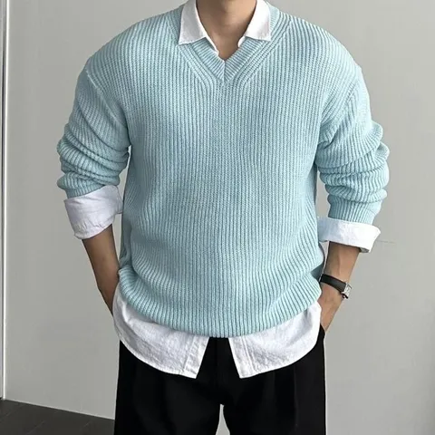 남성하늘색니트 남자브이넥니트 어깨넓어보이는니트 (WFKC30I)