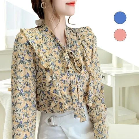 플라워 블라우스 호텔 여행 바다 호캉스 브이넥 긴팔