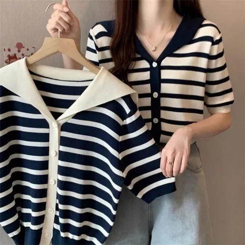 스트라이프 가디건 니트 반팔 세일러 (WFI7YNY)