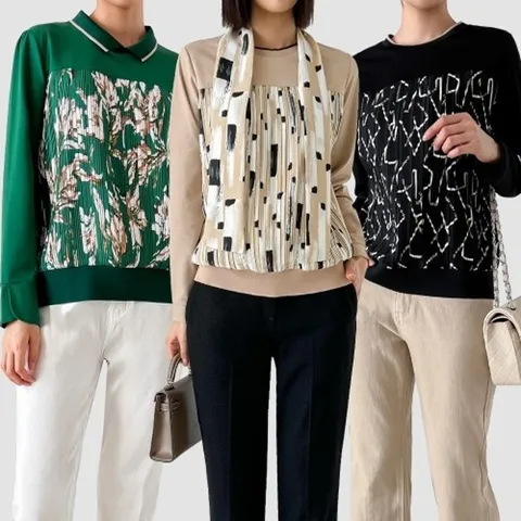 여성 투톤 플리츠 블라우스 3종세트