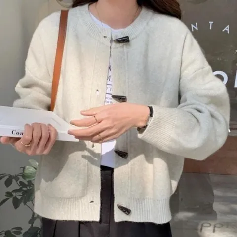 여성 베이직 여성가디건 라운드 넥 올데이 떡볶이 단 (WFH3KF2)