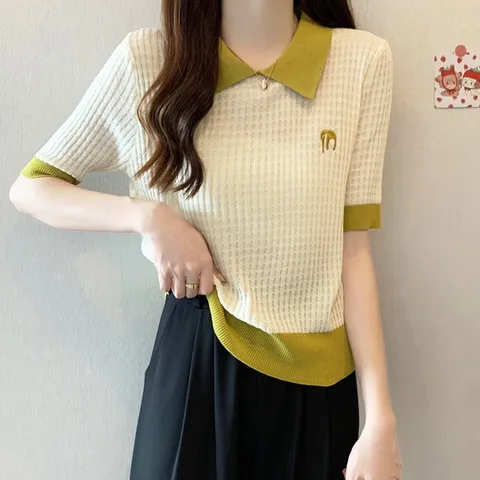 [무드무드] 렌츠 배색 반팔 니트