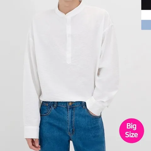 남자 빅사이즈 시어서커 반오픈 긴팔 남방 셔츠