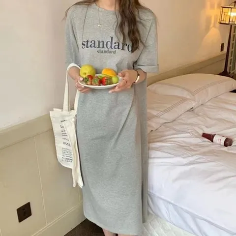 레터링 반팔 롱 원피스/3컬러