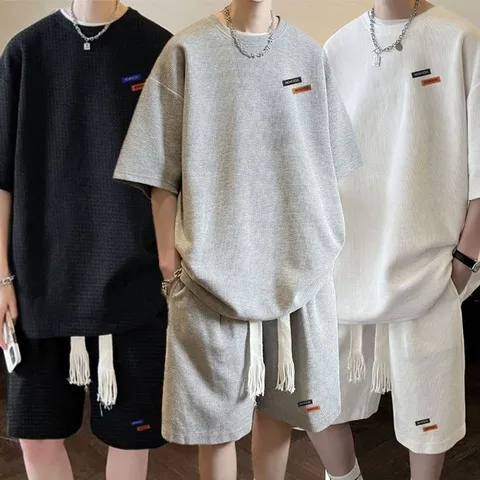 남성 여름 코디 와플면 반소매 반바지 세트 (WFHXJXB)