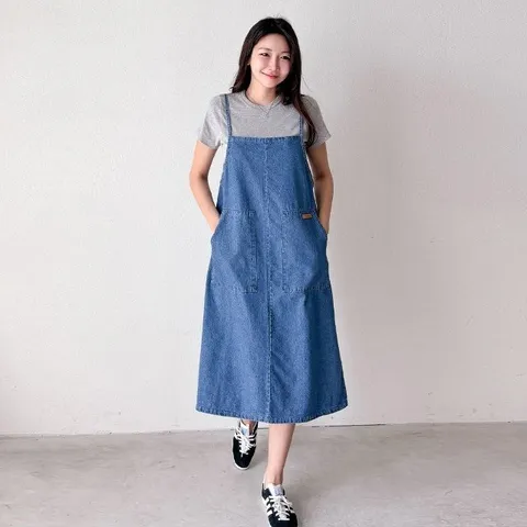 여성 봄 여름 국산 77까지 끈 나시 데님 포켓 원피스 레이어드 청원피스 OP0615S 빅사이즈 루즈핏
