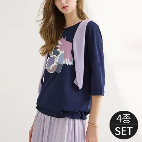 데미언 프린팅 여성 라운드 티블라우스 4종세트