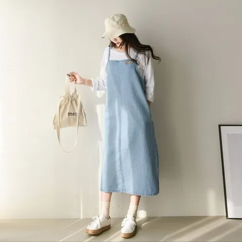 여성 봄 여름 국산 77까지 끈 나시 데님 롱 원피스 레이어드 청원피스 OP0616S 빅사이즈 루즈핏