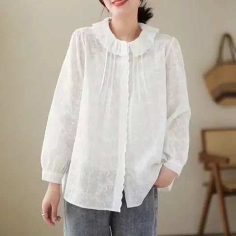 [애슬릿] 면 레이스 핀탁 긴팔 카라 블라우스