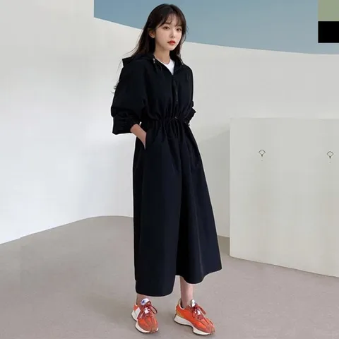 여자 스트랩 아노락 후드 롱 원피스