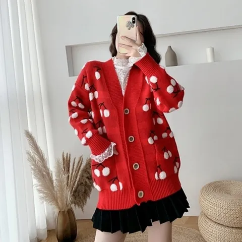 앵두 패턴 니트가디건_레드,크림