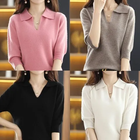 여성 봄 여름 카라 니트 반팔 브이넥 데일리 티