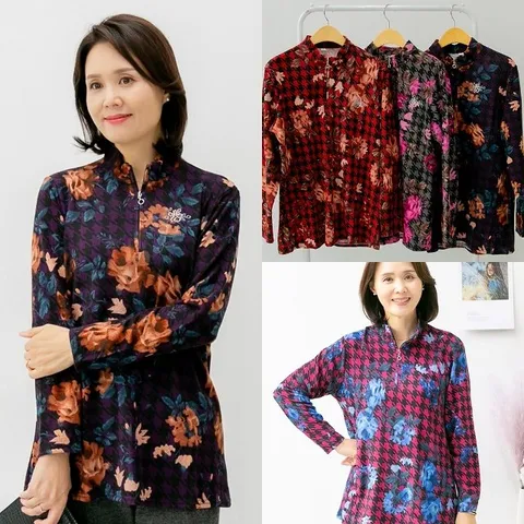 마미소 제비 무늬 반목 티셔츠 지퍼 고리 큐빅 엄마옷 할머니옷 빅사이즈 4060 마담 중년여성 옷