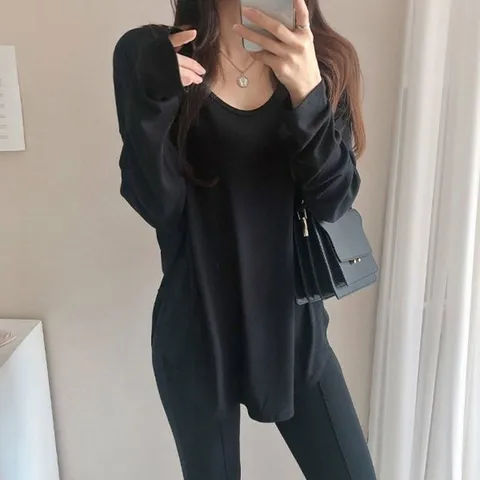 루즈핏 유넥 여리 박시 롱 긴팔티셔츠