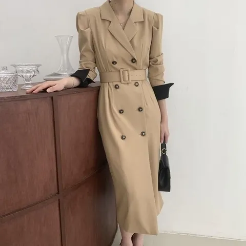 벨티드 퍼프 하객룩 배색 카라넥 벨트 세트 원피스 룩