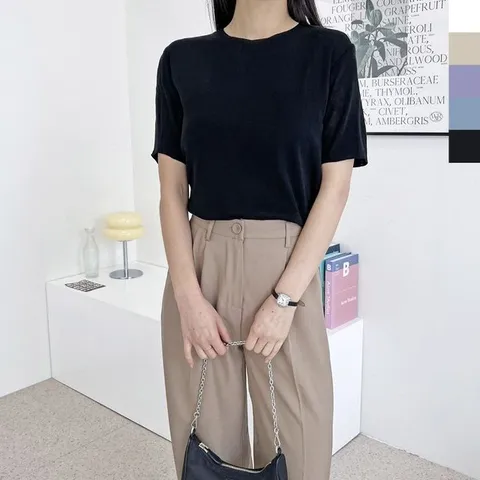 여성 린넨 여름 라운드 반팔니트 여행 티셔츠 (WFGZYUV)