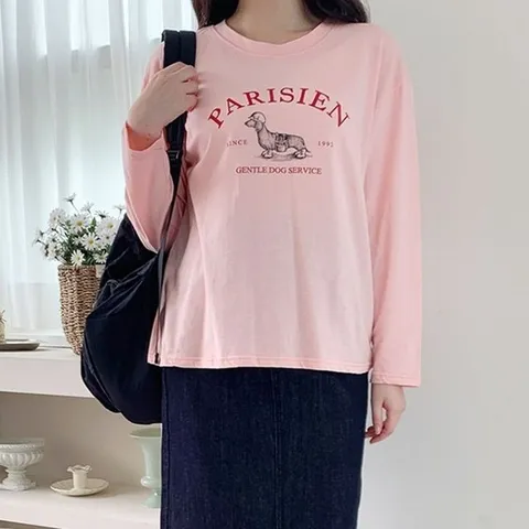 [애슬릿] 강아지 프린팅 레터링 캐쥬얼 라운드 긴팔 티셔츠