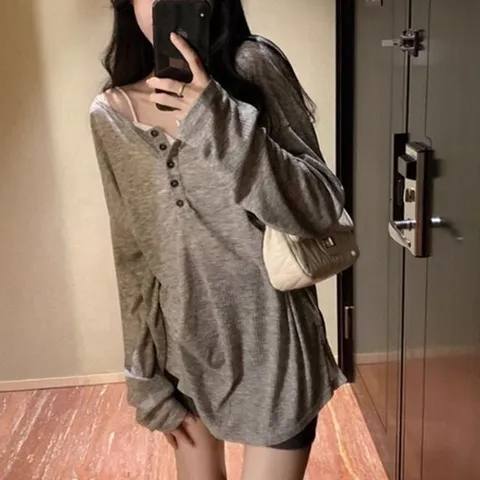 고품질 버튼 루즈핏 베이직 보트넥 티셔츠 (WFK5Z1R)