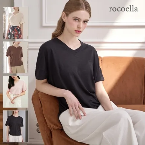 [로코엘라] 디어스 린넨 블렌디드 V넥 여성 티셔츠