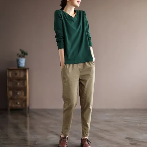 여자 5컬러 베이직 브이넥 솔리드 여름 긴팔티셔츠 (WFHK9JZ)