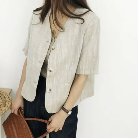 여성 반팔 자켓 노카라 크롭재킷 브이넥 린넨자켓 (WFI30JC)