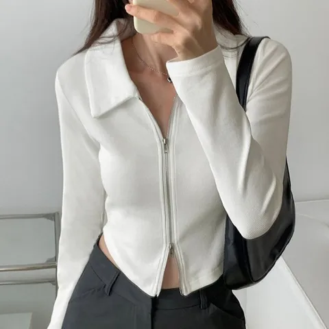[제라카] 크롭 투웨이 자크 집업 카라 긴팔티셔츠 TS415