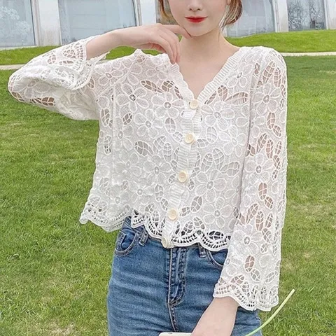 여름가디건 여름 봄 뜨개 크로셰 니트 긴팔 가디건 화이트 (WFJC1XE)