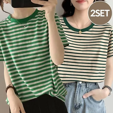 [2종세트] [1+1] 스트라이프 라운드 티셔츠 2종