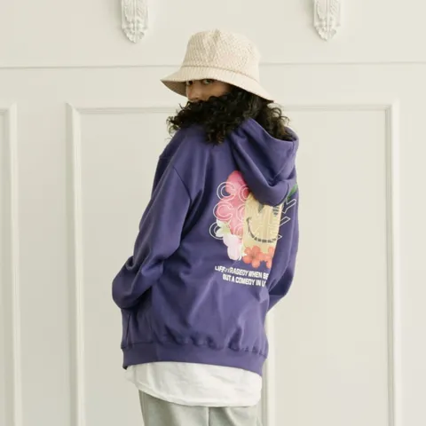 스마일플라워 여성후드 오버핏 티셔츠
