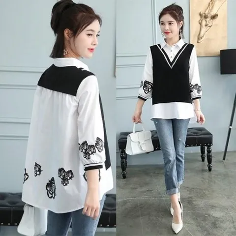 [깨비몰]여성 빅사이즈 앞뒤 반전 카라 블라우스 셔츠