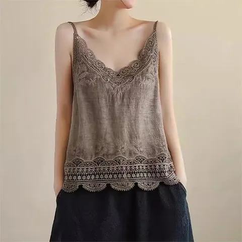 부드러운 린넨 혼방 레이스 민소매 끈 나시