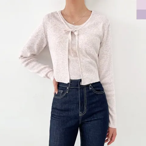 여자 펄 블링 크롭 나시 니트 가디건 세트