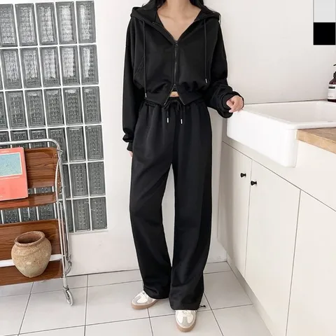 여자 크롭 후드 집업 스트링 와이드 팬츠 세트