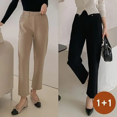 [1+1] 여성 간절기 하이웨스트 9부 금장펜던트 인생핏 밴딩 슬랙스 팬츠 3컬러 5사이즈(55~99) Bon-2508s