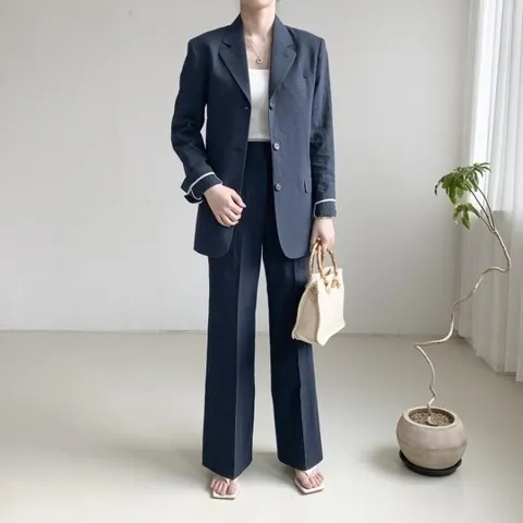 오버핏 싱글 자켓 와이드 통 슬랙스 라미 린넨 셋업 슈트