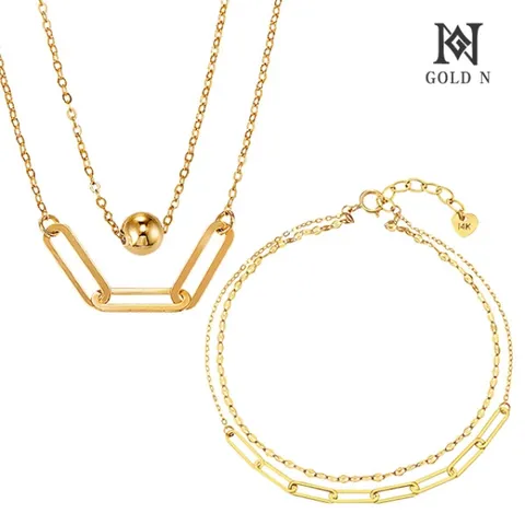 [골드앤] 14K 클립앤볼 두줄체인 목걸이+클립체인 두줄 팔찌 세트