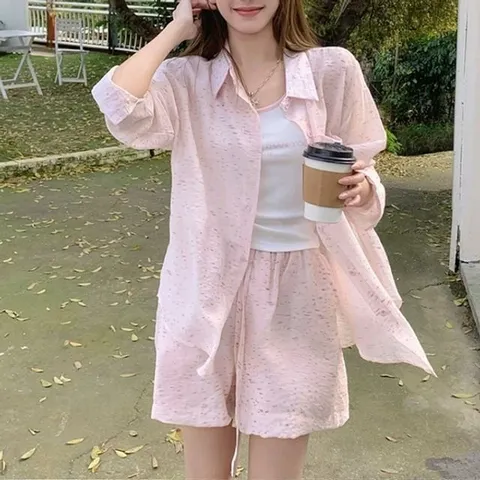 여성 여름 얇은 셔츠 반바지 민소매 홈웨어 세트 외출 3피스 (WFJLX20)