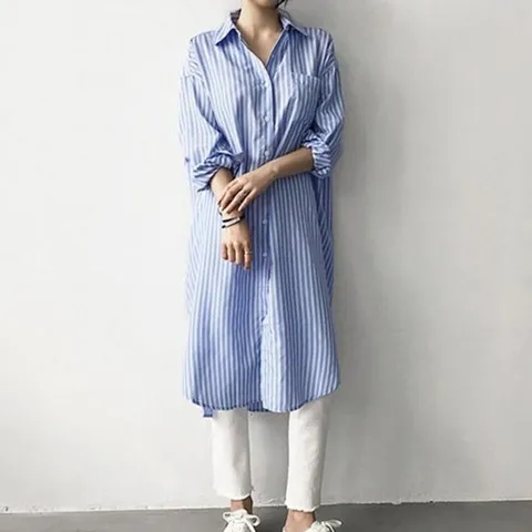 여자 절개 밑단 트렌드 스트라이프 롱셔츠 데일리 간 (WFGGQ95)