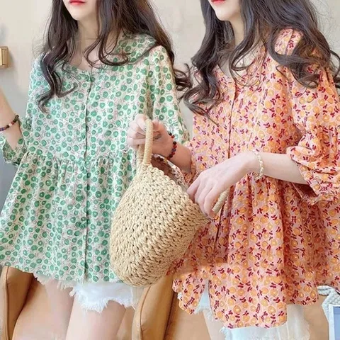 여성 봄 여름 루즈핏 면 플라워 예쁜 데일리 마 블라 (WFHCYGJ)