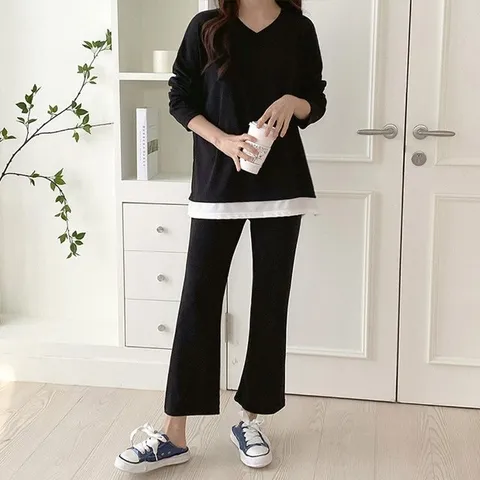 여성 봄 가을 브이넥 레이어드 긴팔 롱티셔츠 밴딩 바지 세트 PST0119S 빅사이즈 루즈핏