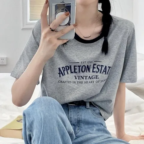 크롭티셔츠 반팔티셔츠 세미 크롭 회색 레터링반 (WFK6PHB)