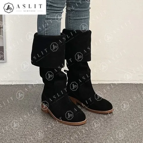 [애슬릿] 소 가죽 폴딩 둥근 코 발 편한 미들 부츠