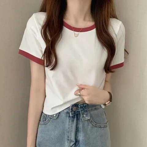 크롭 라운드넥크롭티 투톤 반팔티 캐주얼크롭티 (WFJZBR7)